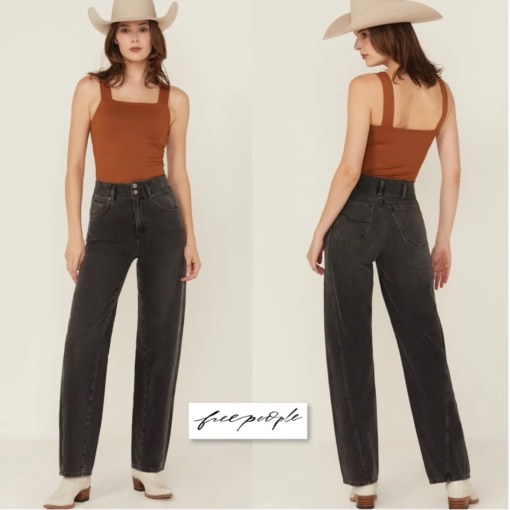 FREE PEOPLE ASTER STRAIGHT LEG JEANS in Asteroid Black Gray Size 28 High Rise - Picture 2 of 16